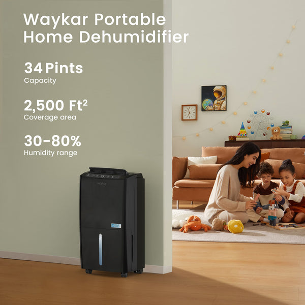 Waykar 2000 Sq. Ft. 34 Pint Dehumidifier for Room & Home, Ultra Quiet 33dB, Continuous Drain, Energy Star, Auto Defrost, Child Lock, 10 Pint DOE
