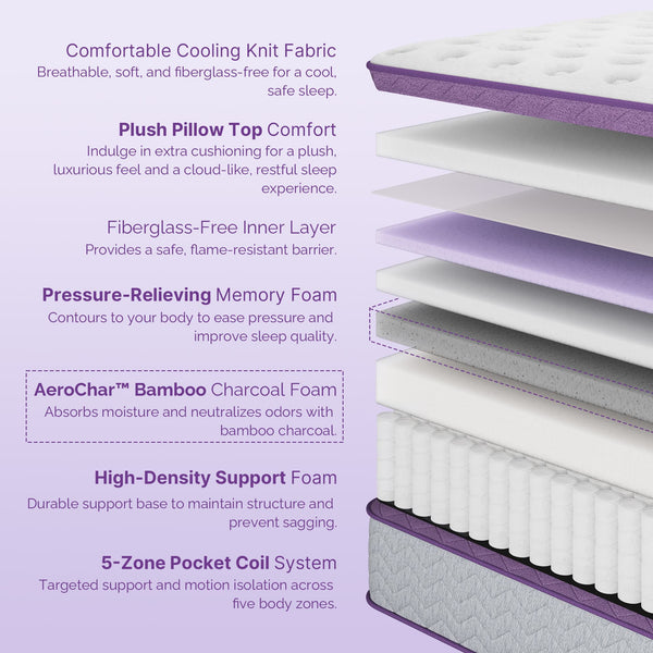 Sersper Queen Mattress 10 Inch Hybrid Pillow Top Queen Size Mattress in a Box AeroChar Bamboo Charcoal Infused Memory Foam Medium Firm with Pressure Relief Strong Support