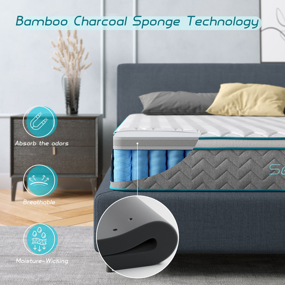 Queen Size Mattress, Serweet 10 inch Bamboo Charcoal Memory Foam Hybrid Mattress Queen, 7-Zone Pocket Innerspring and Pillow Top Double Mattress, Medium Firm Feel