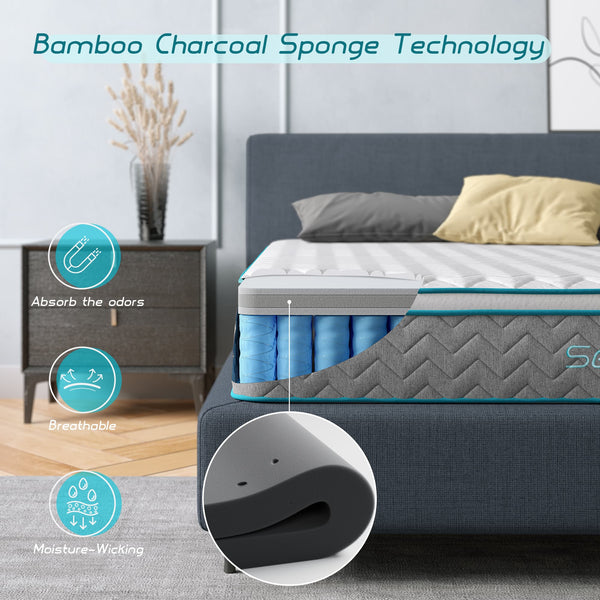 Queen Size Mattress, Serweet 10 inch Bamboo Charcoal Memory Foam Hybrid Mattress Queen, 7-Zone Pocket Innerspring and Pillow Top Double Mattress, Medium Firm Feel