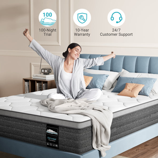 Queen Mattress, Serweet Kescas 10 inch Cooling Memory Foam and 5-Zone Pocket Innersprings Mattress for Motion Isolation/ Edge Support/Back Pain Relief, Medium Firm