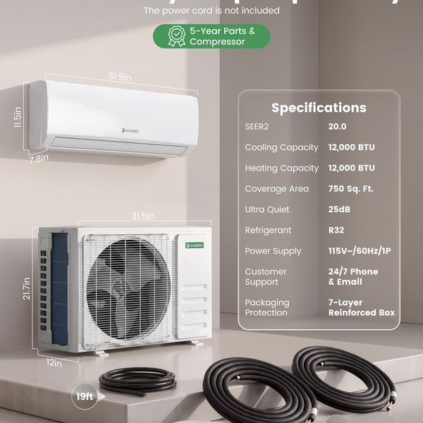 Waykar 12,000 BTU Ductless Mini Split Air Conditioner & Heater, 20.5 SEER2 Efficient with App Control