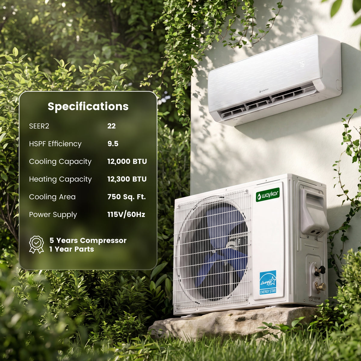 Waykar 12000 BTU Mini Split Air Conditioner/Heater – 22 SEER2 Energy Star, Ultra-Quiet 22dB, Easy DIY Install with Level & Dual Drain, Cools/Heats/Dehumidifies 750 sq.ft