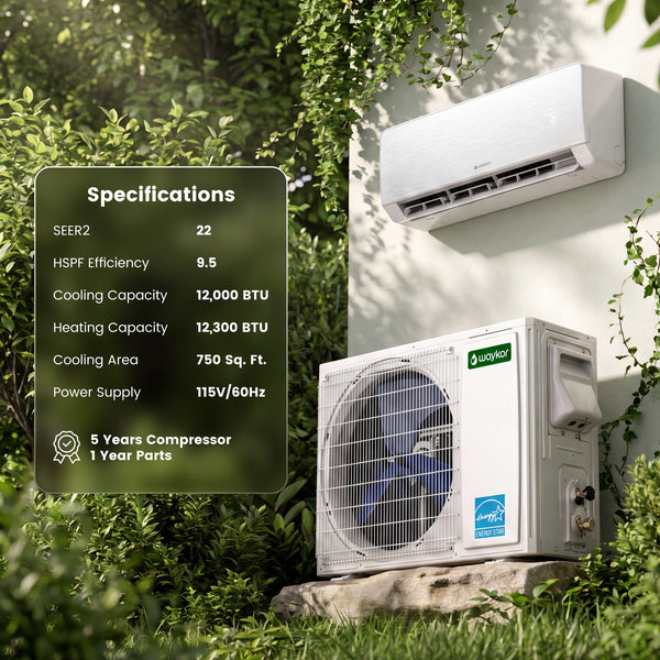 Waykar 12000 BTU Mini Split Air Conditioner/Heater – 22 SEER2 Energy Star, Ultra-Quiet 22dB, Easy DIY Install with Level & Dual Drain, Cools/Heats/Dehumidifies 750 sq.ft