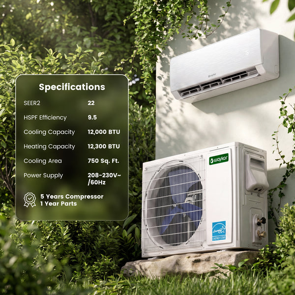 Waykar 12000 BTU Mini Split Air Conditioner/Heater – 22 SEER2 Energy Star, 22dB Quiet, Easy DIY Install with Level & Dual Drain, Cools/Heats/Dehumidifies 750 sq.ft, 230V, ETL/AHRI Certified