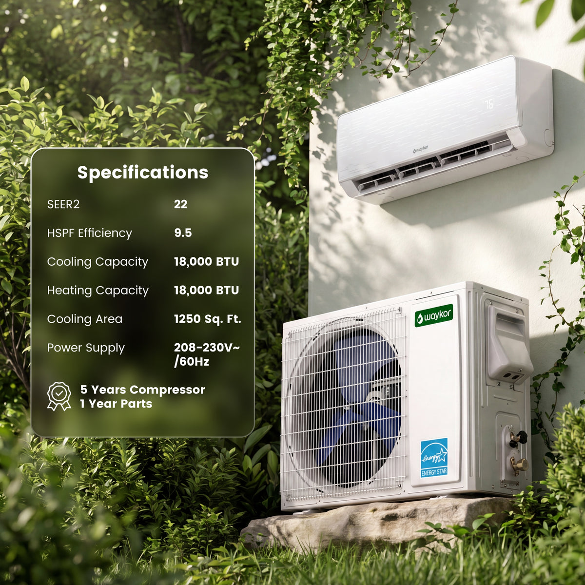 Waykar 18000 BTU Mini Split Air Conditioner/Heater – 22 SEER2 Energy Star, Ultra-Quiet 26dB, Easy DIY Install with Level & Dual Drain, Cools/Heats/Dehumidifies 1500 sq.ft, 230V, ETL/AHRI Certified