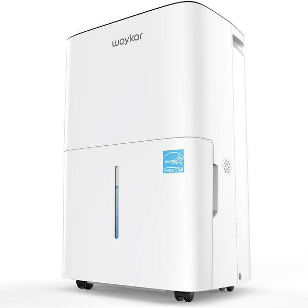 Side view of Waykar CHWA120A high capacity dehumidifier, Energy Star certified 340W unit with quiet 50dB operation.