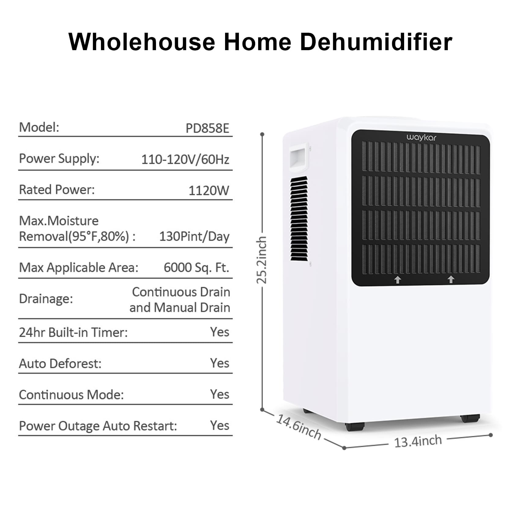 Waykar 130 Pints Dehumidifier with 6.6 ft Drain Hose, Large Dehumidifi