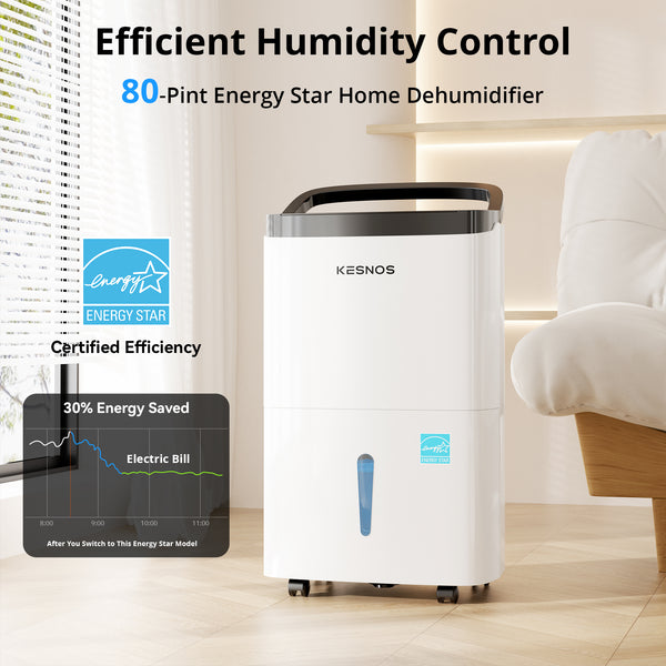Kesnos 80 Pint Dehumidifier for Home and Basements up to 5000 Sq. Ft, with Bucket, Drain Hose, Portable, Auto Defrost and Self-Drying