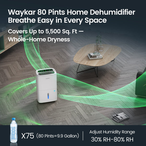 Max 80 Pint/D(Standard 62Pint/D) Energy Star Home Dehumidifier for Spaces up to 5,000 Sq. Ft, Ideal for Basement, Bathroom and Large Room with Drain Hose, Portable, Auto Defrost and Self-Drying