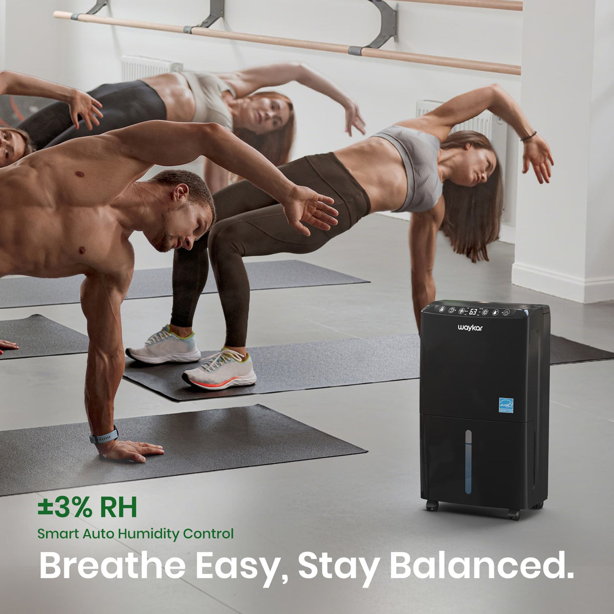 Compact design of the Waykar PD160B-PRO-B 34-pint dehumidifier showing its portable and space-saving body.