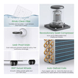 Close-up detail of Waykar C30CTH dehumidifier control buttons and air outlet, compact white design with smart operation.