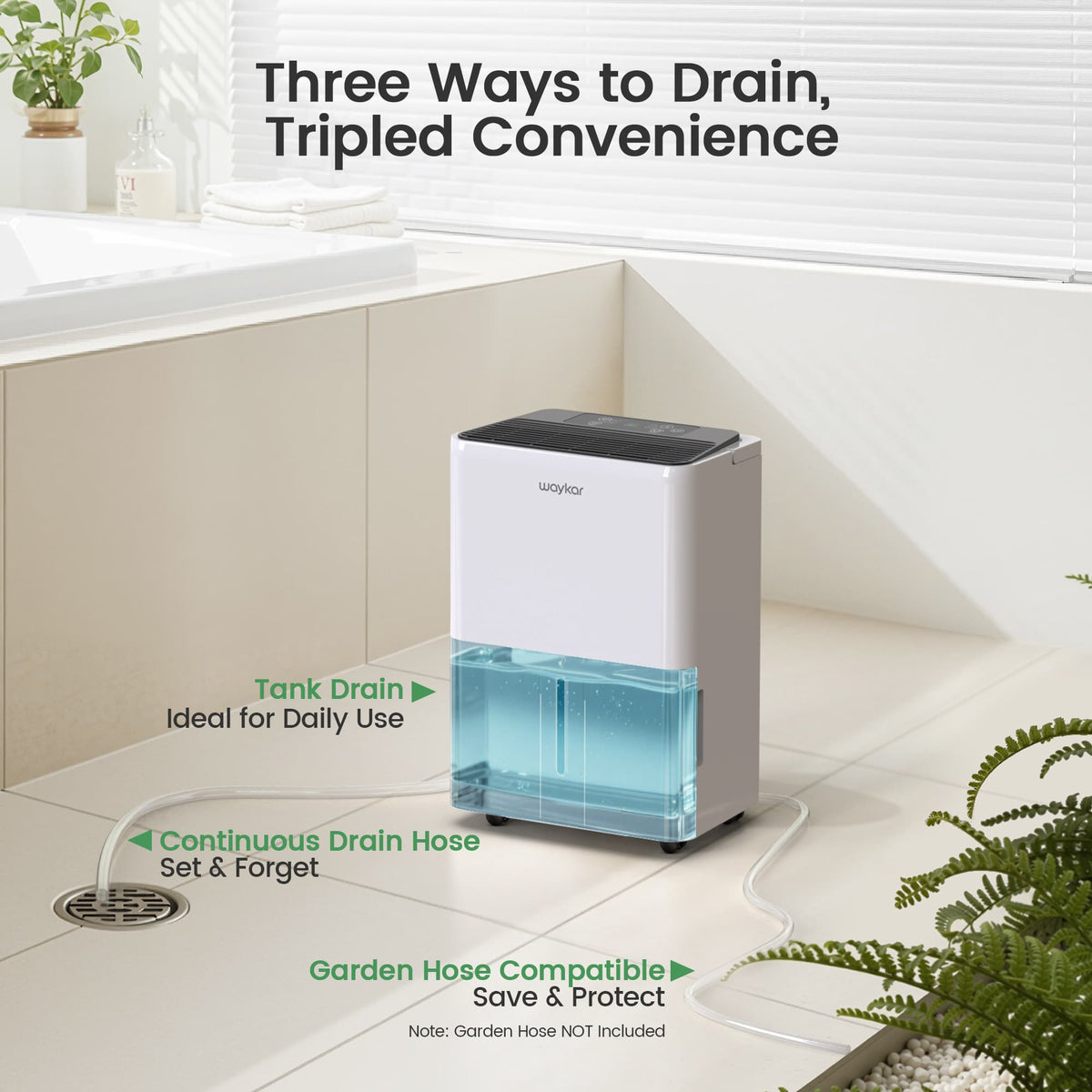 Waykar C30CTH Energy Star dehumidifier with 3.3-ft drain hose and spill-free 0.39-gallon tank for flexible drainage.