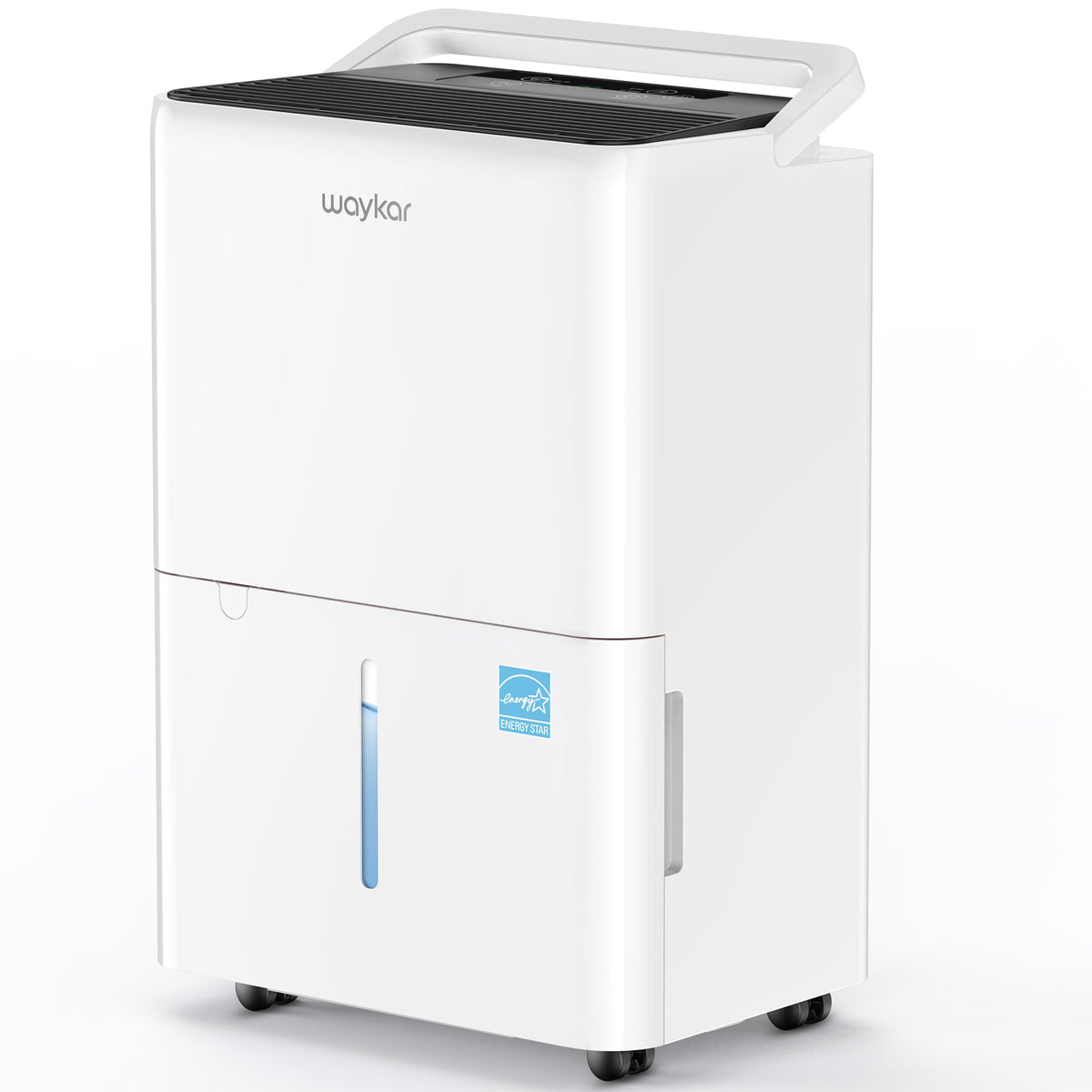 Side view of Waykar C30CTH white dehumidifier, 30 pints per day, Energy Star certified for efficient home dehumidifying.