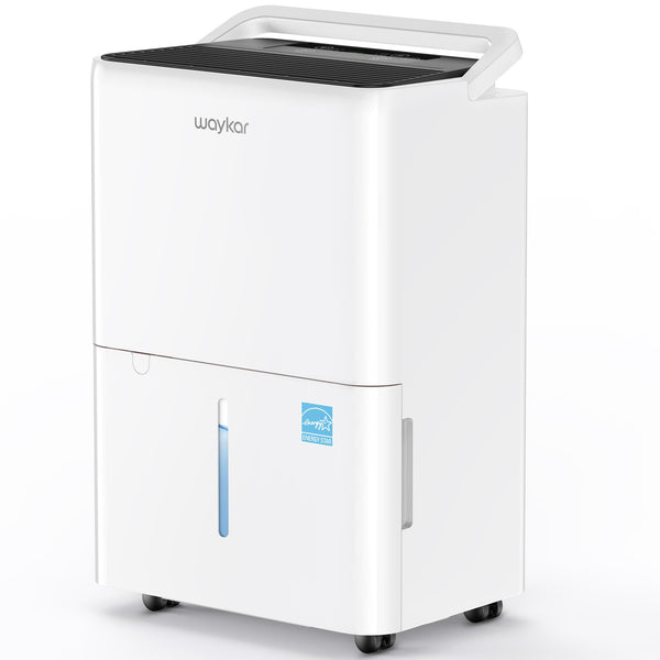 Side view of Waykar C30CTH white dehumidifier, 30 pints per day, Energy Star certified for efficient home dehumidifying.