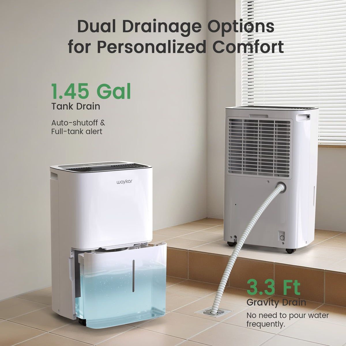 Waykar CHWA120A dehumidifier equipped with 3.3 ft drain hose and spill-free 1.45-gallon tank for continuous drainage.