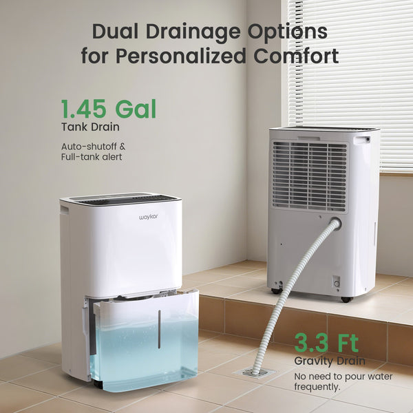 Waykar CHWA120A dehumidifier equipped with 3.3 ft drain hose and spill-free 1.45-gallon tank for continuous drainage.