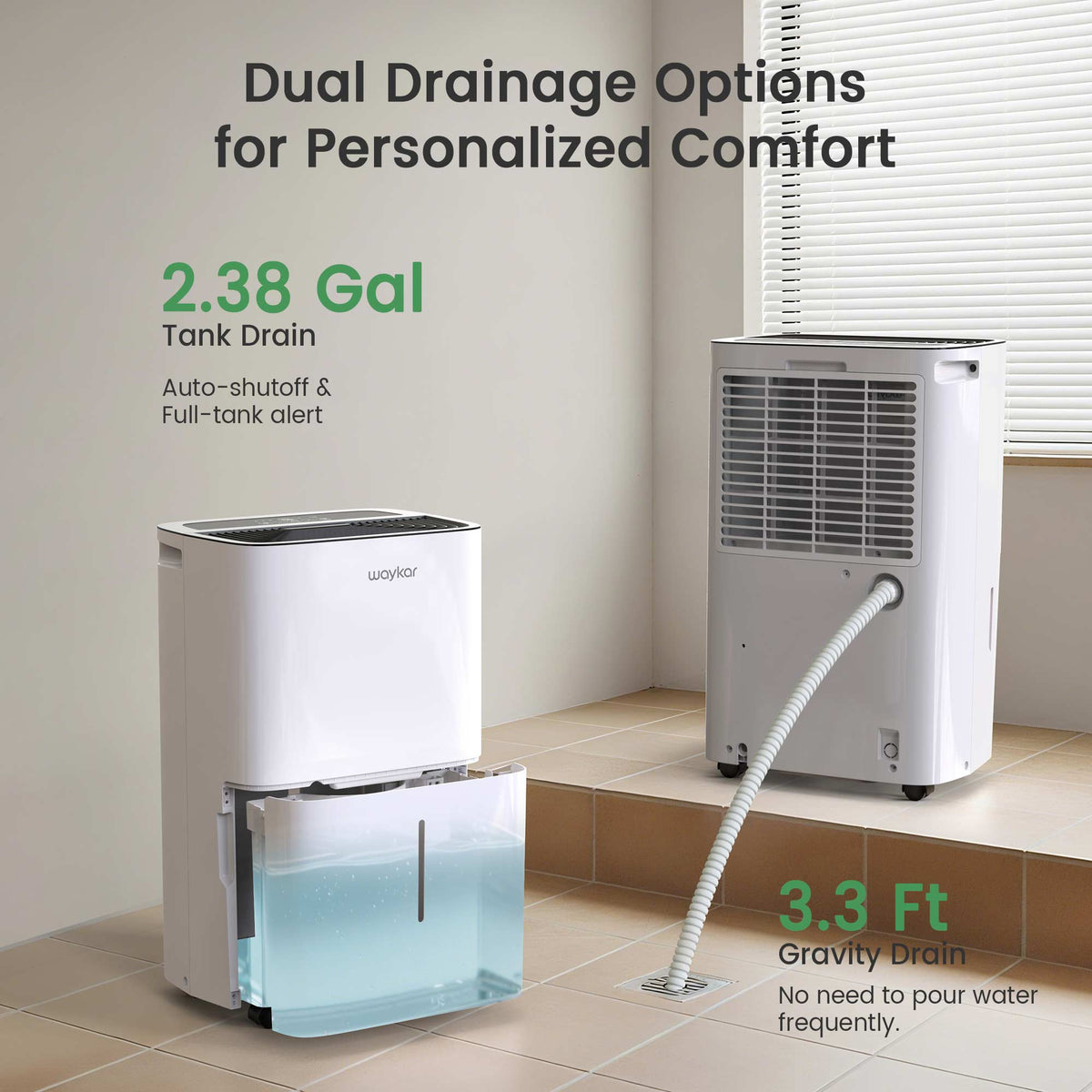 Waykar CHWA150A Energy Star dehumidifier with 3.3 ft drain hose and 2.38-gallon spill-free water tank.
