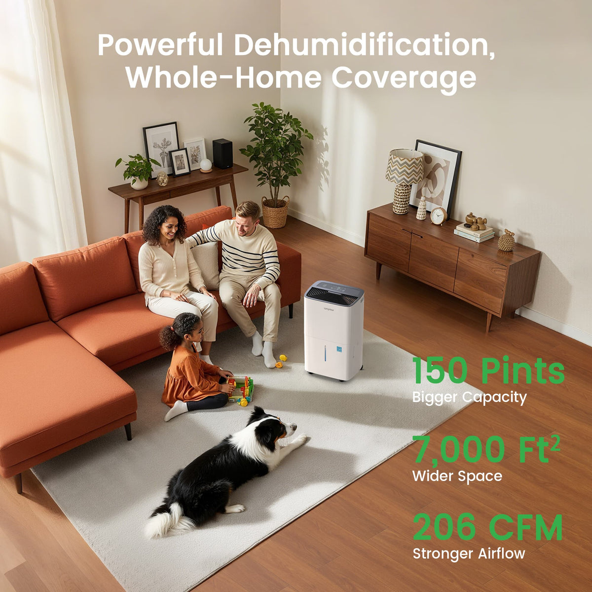 Waykar CHWA150A Energy Star 2025 dehumidifier in home setting, 50dB quiet operation ideal for basements and large rooms.