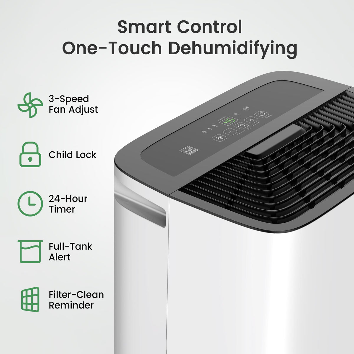 Top control panel of Waykar CHWA150A dehumidifier featuring auto defrost, timer, and smart humidity adjustment.
