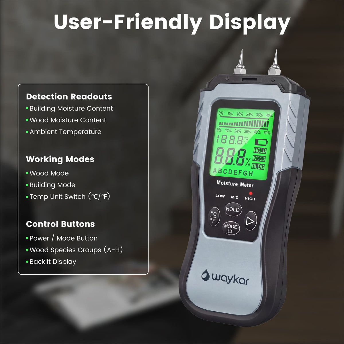 Waykar Digital Moisture Meter, Pin-Type Wood Moisture Tester for Wood, Drywall, Concrete & Building Materials with LCD Display