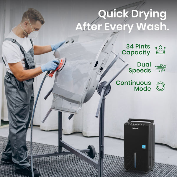 Performance view of the Waykar PD160B-PRO-B removing 34 pints of moisture per day in a home environment.