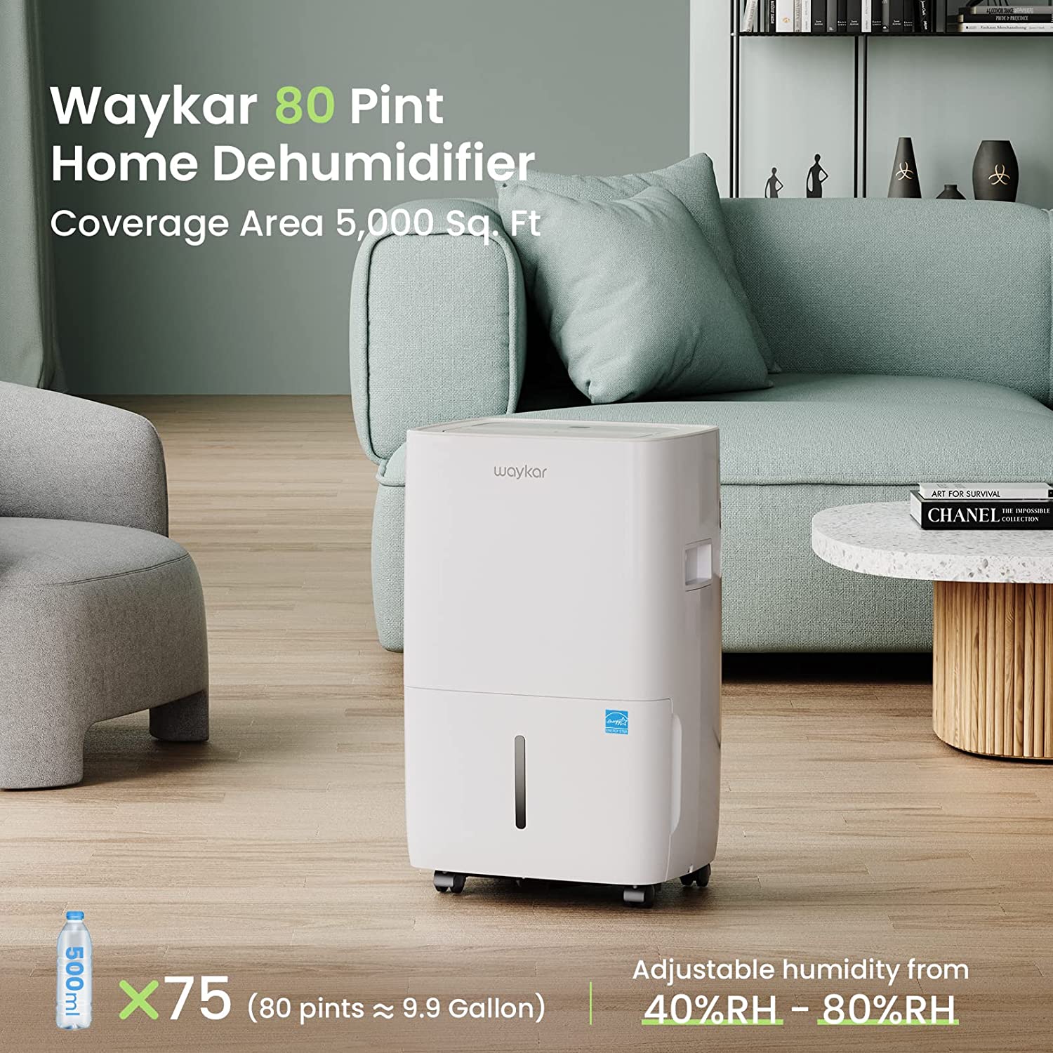 80 Pints Energy Star Dehumidifier for Spaces up to 5,000 Sq. Ft at Home, in Basements and Large Rooms with Drain Hose and 1.14 Gallons Water Tank