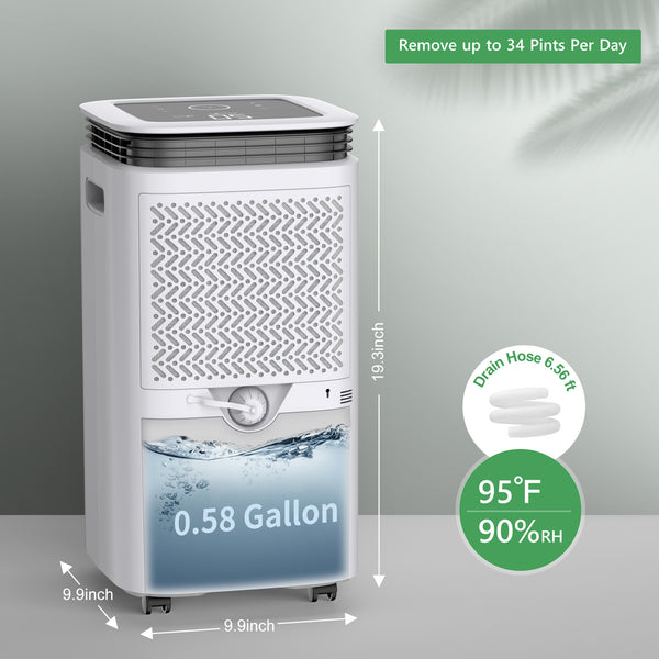 2500 Sq. Ft Home Dehumidifier with Drain Hose for Bedrooms, Basements, Bathrooms, and Laundry Rooms - with Intelligent Touch Control and 4 Air Outlets, 24 Hr Timer, and 0.58 Gallon Water Tank